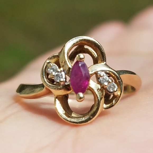 Jewelry - 10k Solid Yellow Gold Marquise Ruby & Diamond Ring